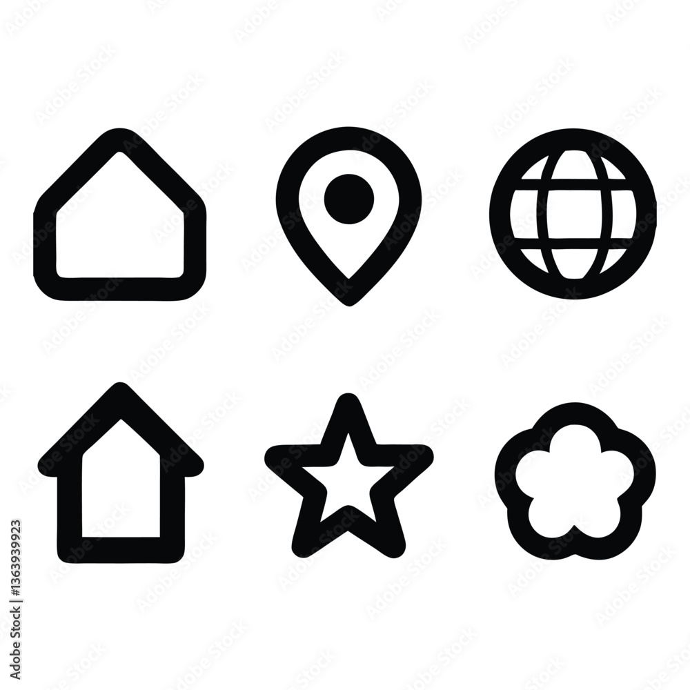 Home, Location, Globe, Star, Flower Icons Set for Web and App Design – Simple and Modern