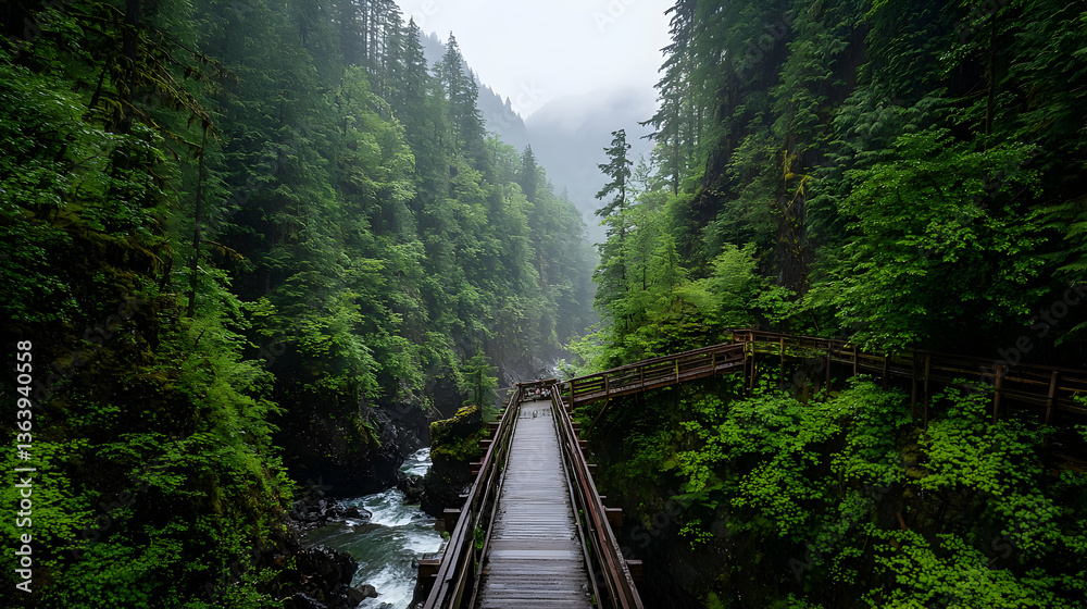 Fototapeta premium Wooden Bridge Spanning a River in a Lush Green Forest During Daylight with Dense Foliage