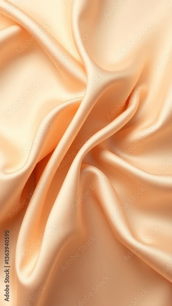 Fototapeta premium Beige cream vanilla light brown silk satin fabric. Soft wavy folds in the fabric. Wedding, anniversary, valentine, love, tender. Beautiful abstract background with space for your design.