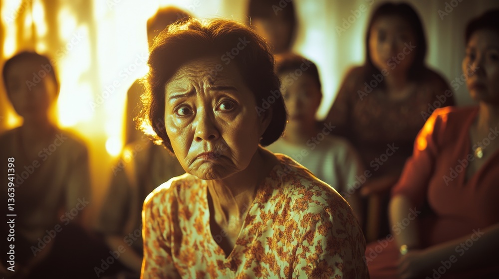 Naklejka premium Emotional Portrait of Elderly Woman with Sad Expression Surrounded by Family in Warm Light