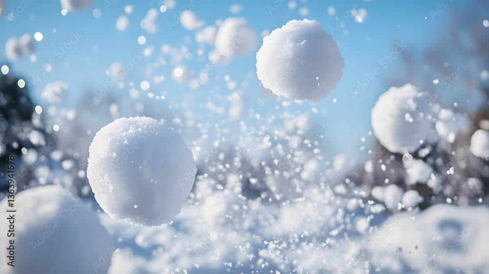 A close-up shot of snowballs being tossed in the air during a fun winter game. A close-up shot of snowballs being tossed in the air during a fun winter game.