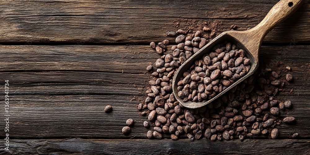 Cacao beans in wooden scoop