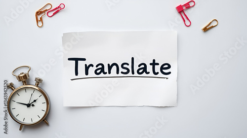 Word writing text Translate. Business photo showcasing Another word with same equivalent meaning of a target language Flat lay with copy space on bubble paper clock and paper clips