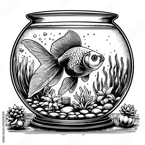 gold fish swim on fishbowl sketch engraving black and white outline. Scratch board imitation.  illustrated in vintage line art style on a white background.
