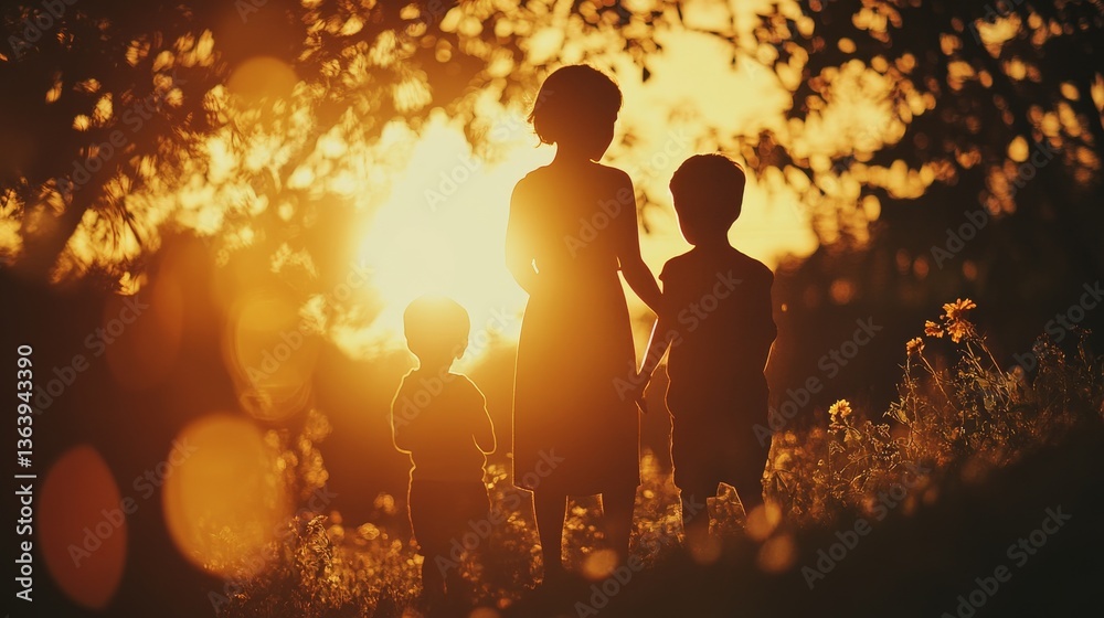 Children Silhouetted Against a Vibrant Sunset, Holding Hands and Enjoying Nature Together Children Silhouetted Against a Vibrant Sunset, Holding Hands and Enjoying Nature Together
