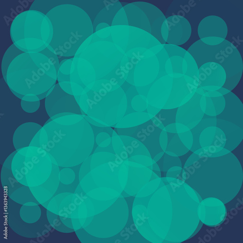 Abstract teal circles on a dark blue background, graphic design, modern art, overlapping shapes, transparent elements