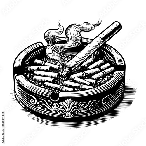 ashtray with a cig sketch engraving black and white outline. Scratch board imitation. illustrated in vintage line art style on a white background.
