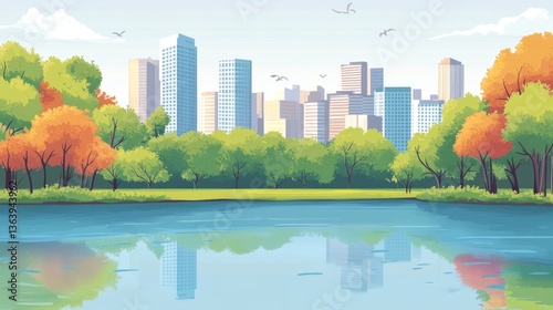 Town landscape, city background, green urban panorama. Tree on cityscape skyline, nature scene, home environment, lake or river. Cartoon flat style illustration. Vector flat garish backdrop