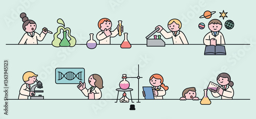 Cute children doing fun science experiments with lab tools, test tubes, flasks, and exploring chemistry, biology, and space.