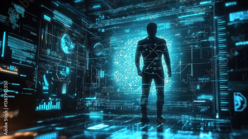 A stylized 3D person interacting with a holographic interface, technology concept