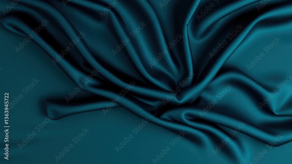 Obraz premium Dark blue green silk satin background. Beautiful soft folds on the smooth surface of the fabric. Luxury background with copy space for design. Wide banner. Top view. Flat lay.