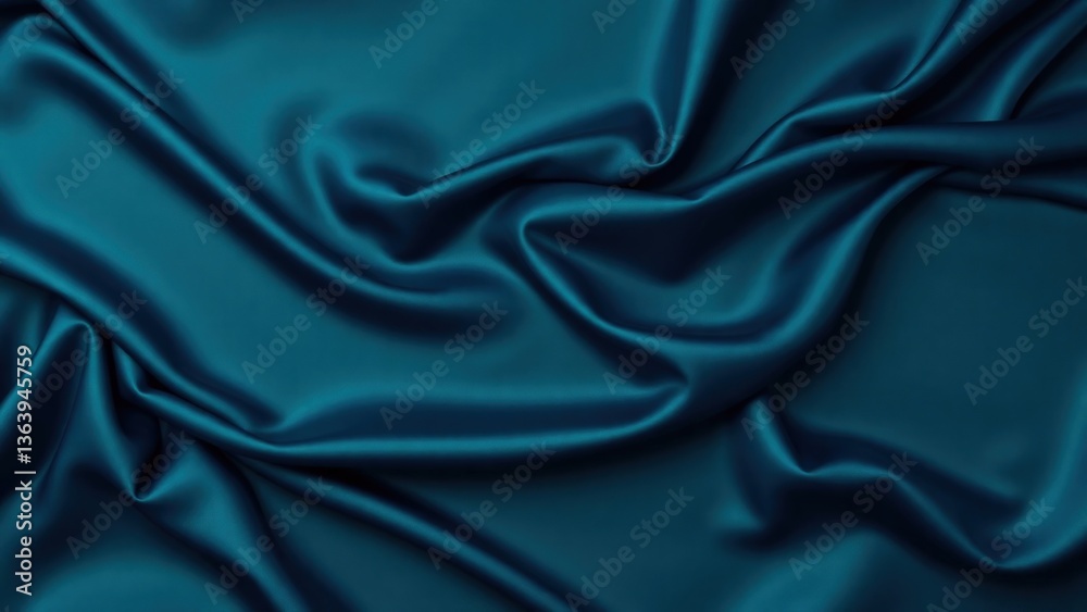 Fototapeta premium Dark blue green silk satin background. Beautiful soft folds on the smooth surface of the fabric. Luxury background with copy space for design. Wide banner. Top view. Flat lay.