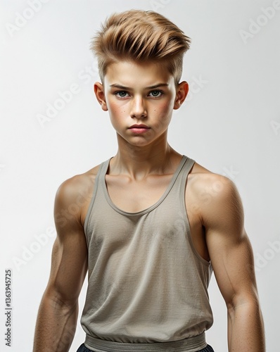Athletic teenage boy buzz cut brown hair in black shorts and gray tank top determined look on plain white background minimalist clean