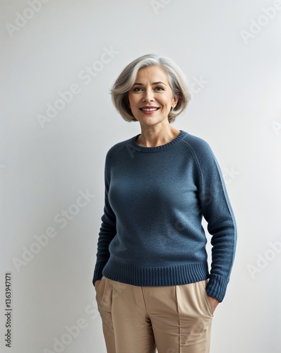 Middle aged woman short gray hair in navy sweater and beige pants kind smile on plain white background minimalist clean
