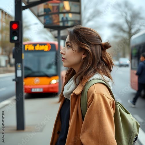 Mujer joven esperando un autobús en la parada de autobús.Generative.AI