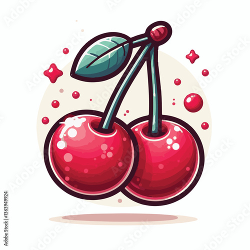 sweet, cherry, berry, fruit, food, red, cherries, leaf, juicy, illustration, fresh, background, vector, cute, summer, organic, green, design, isolated, nature, print, natural, art, vintage, vitamin, d