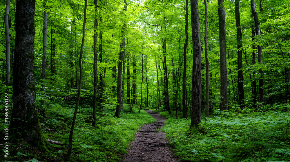 Lush Green Forest Path Leading Through Dense Trees With Sunlight Filtering Down Above Creating A Tranquil And Natural Scene Lush Green Forest Path Leading Through Dense Trees With Sunlight Filtering Down Above Creating A Tranquil And Natural Scene