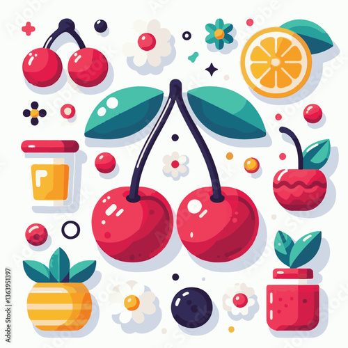 sweet, cherry, berry, fruit, food, red, cherries, leaf, juicy, illustration, fresh, background, vector, cute, summer, organic, green, design, isolated, nature, print, natural, art, vintage, vitamin, d