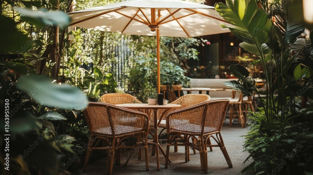 Fototapeta premium Summer street cafe, restaurant scene. Patio, outdoor, garden furniture set with rattan chairs, table, umbrella, potted plants. Coffee shop. Cafe terrace with seats under parasol. Vector illustration.