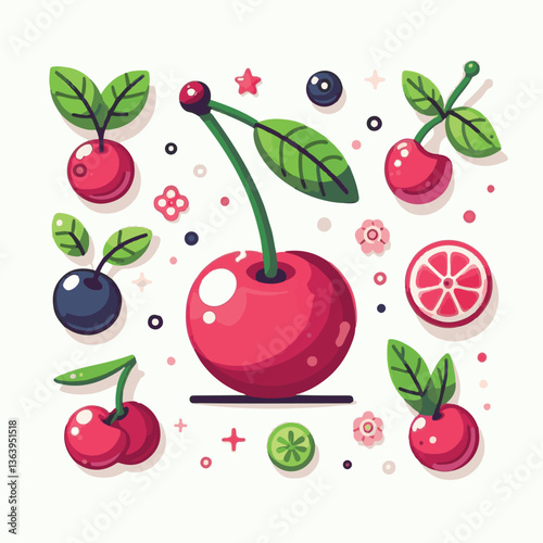 sweet, cherry, berry, fruit, food, red, cherries, leaf, juicy, illustration, fresh, background, vector, cute, summer, organic, green, design, isolated, nature, print, natural, art, vintage, vitamin, d