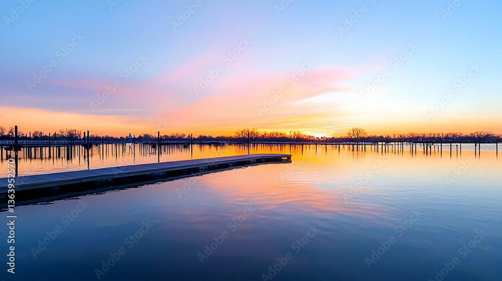 Obraz premium Orange Sunset Over Tranquil Water Surface With Silhouette Pier And Reflective Skies