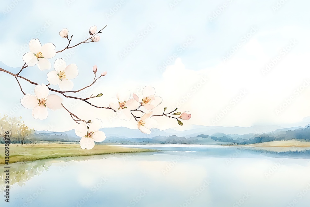 Fototapeta premium Spring Blossoms Lakeside Serenity.