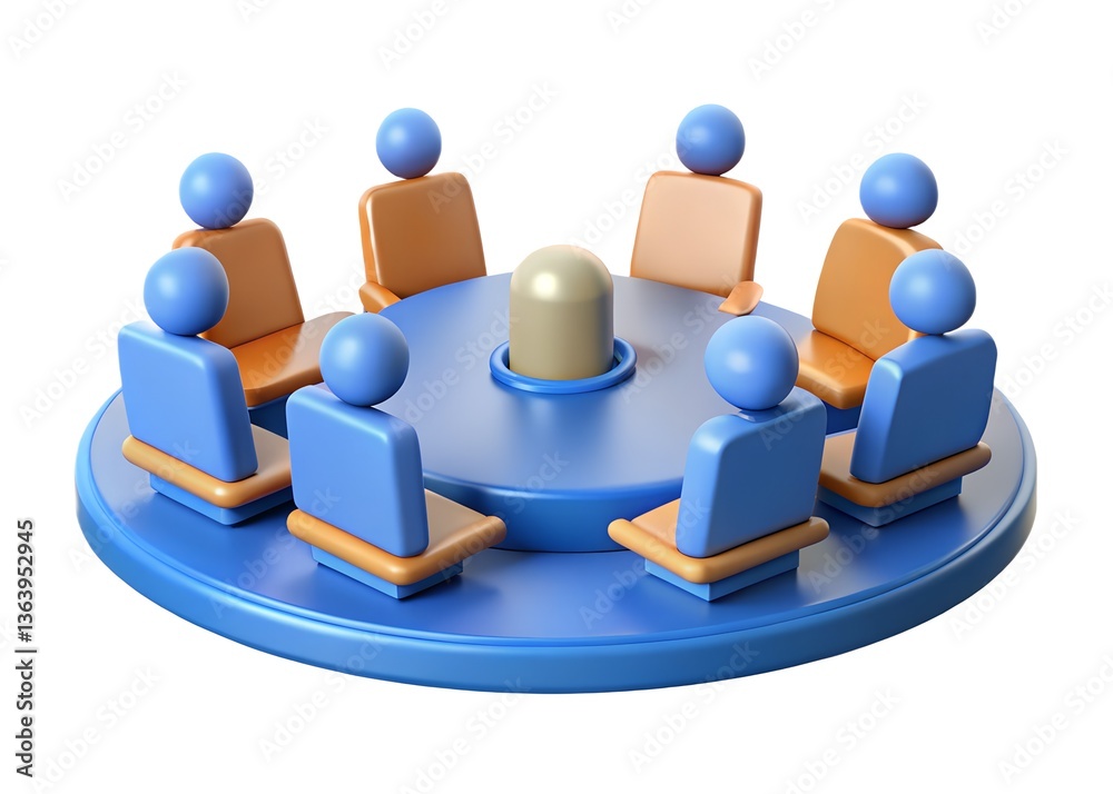 Obraz premium Collaborative Summit: 3D rendering of a circular meeting, symbolizing teamwork and collaboration in a professional setting.