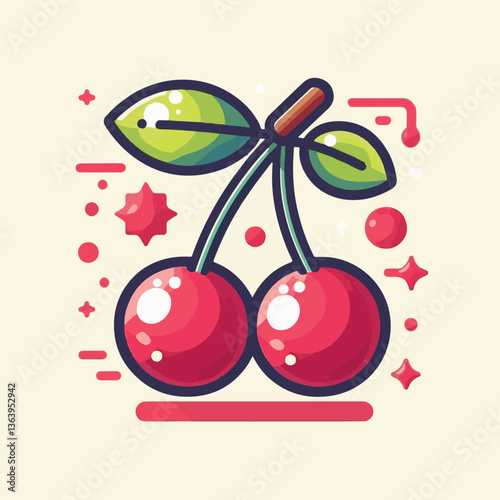 sweet, cherry, berry, fruit, food, red, cherries, leaf, juicy, illustration, fresh, background, vector, cute, summer, organic, green, design, isolated, nature, print, natural, art, vintage, vitamin, d