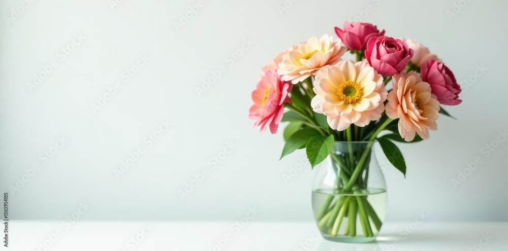 Fototapeta premium Floral arrangement in a simple vase on a white background, green, vase