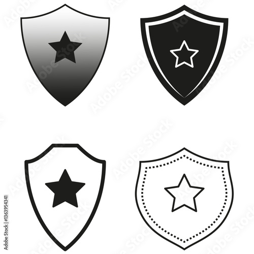 Shield star icons. Black and white emblems. Vector heraldic symbols. Clean symmetrical designs.