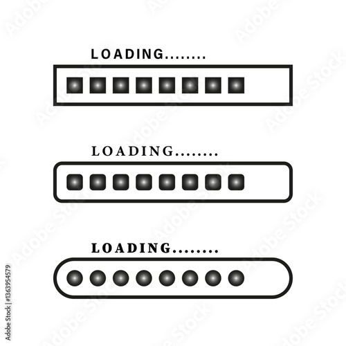 loading text. Progress bar shapes. Vector reloader set. Simple black forms.