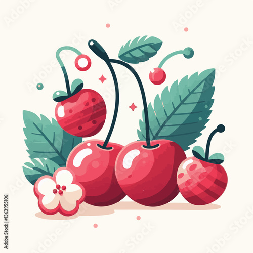 sweet, cherry, berry, fruit, food, red, cherries, leaf, juicy, illustration, fresh, background, vector, cute, summer, organic, green, design, isolated, nature, print, natural, art, vintage, vitamin, d