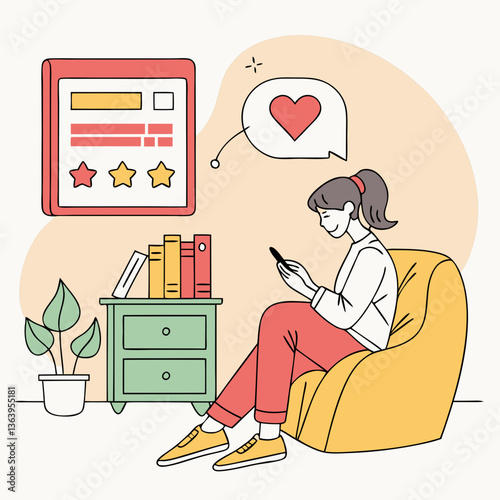 In a comfortable living room, a woman sits on a yellow chair engrossed in her smartphone, surrounded by books and a small plant. She enjoys her moment of leisure