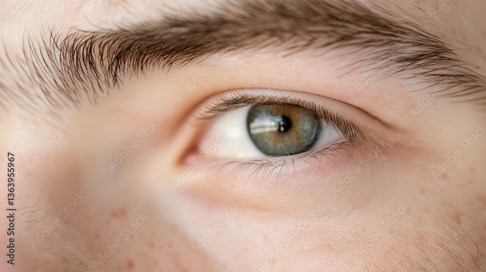 Obraz premium Close-up of a person's eye showing intricate details and natural colors in bright lighting indoors during the day.
