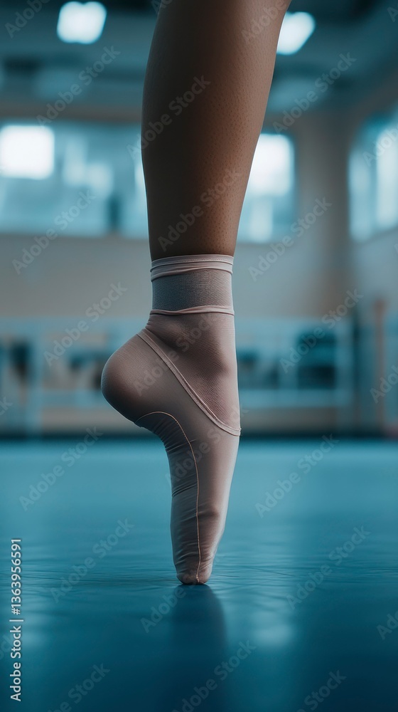 Dancer performing en pointe in a studio during a morning rehearsal with natural light illuminating the space around