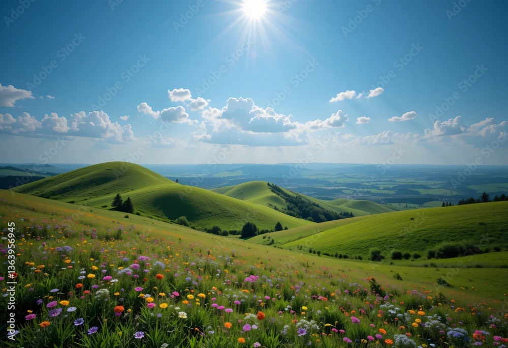 Fototapeta premium Picturesque Green Hills With Colorful Wildflowers Under a Bright Sunny Sky