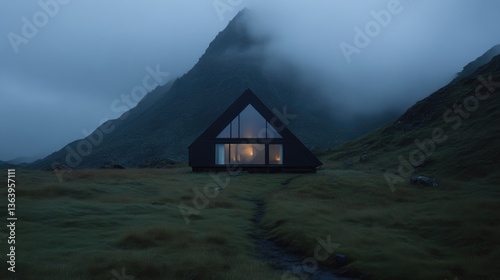 Modern, triangular cabin nestled amidst misty mountains.  Tranquil, minimalist design with large window, bathed in soft interior light.  Surrounded by lush, green landscape