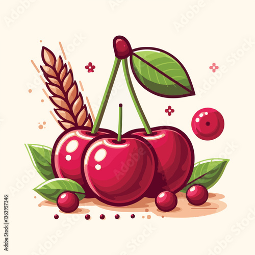 sweet, cherry, berry, fruit, food, red, cherries, leaf, juicy, illustration, fresh, background, vector, cute, summer, organic, green, design, isolated, nature, print, natural, art, vintage, vitamin, d
