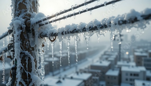 Icicles Hanging From Power Lines After Winter Ice Storm