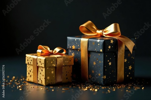 Intricate gold foil gift boxes, dark background, contemporary, repeat