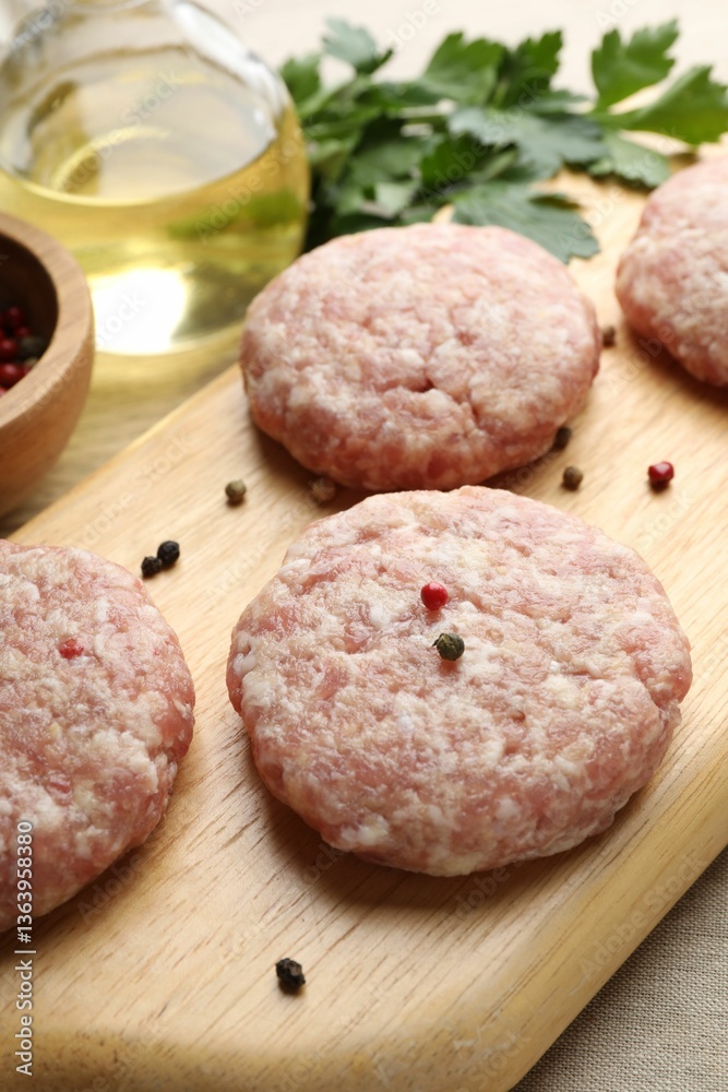 Many uncooked patties and spices on wooden table, closeup Many uncooked patties and spices on wooden table, closeup