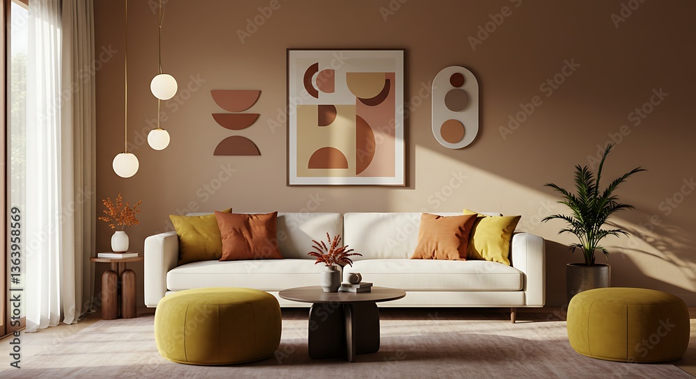 Fototapeta premium Minimalist, japandi home interior design of modern living room. Minimalistic living area with earthy tones, soft beige sofa, yellow and orange poufs and beige wall with soft lighting.