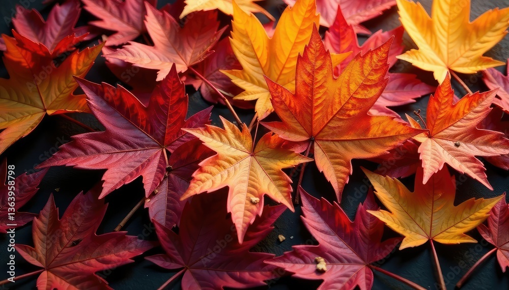 Colorful autumn leaves exhibiting a radial symmetry , detail, design, organic Colorful autumn leaves exhibiting a radial symmetry , detail, design, organic