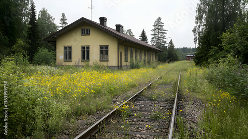Wallpaper Mural Abandoned Yellow Railway Station Building with overgrown tracks and wildflowers under overcast sky Torontodigital.ca