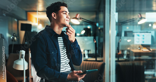 Night, idea and man on tablet for startup report, post deadline or online update research. Thinking, engagement or content strategy with technology for digital marketing trends or social media growth photo