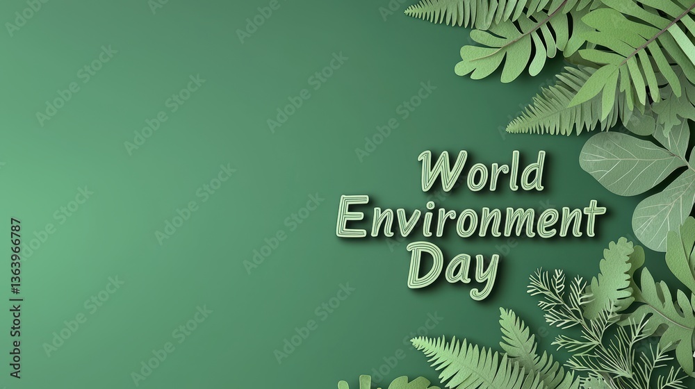 Fototapeta premium World Environment Day poster with green leaves and text on gradient green background, promoting eco friendly awareness