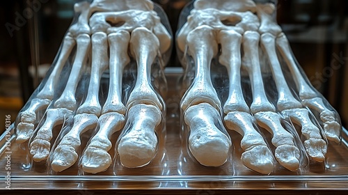 A detailed display showing two human foot bone structures