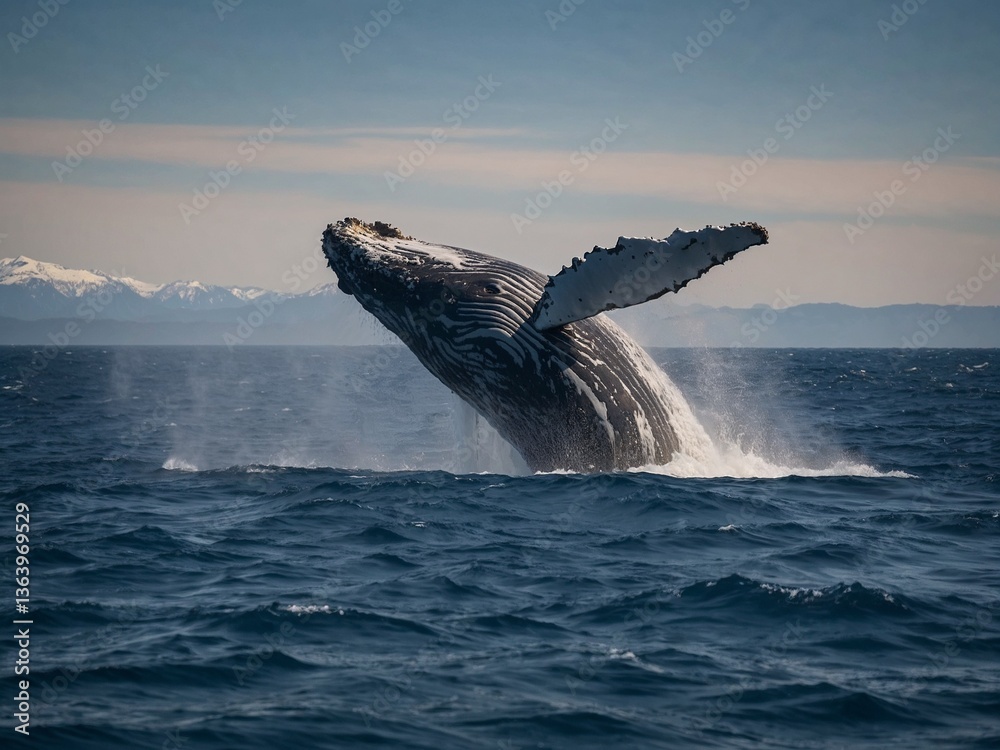 Fototapeta premium Majestic humpback whale gracefully breaches the ocean surface, showcasing its massive size and stunning beauty. Perfect for marine wildlife, conservation, and nature photography themes.