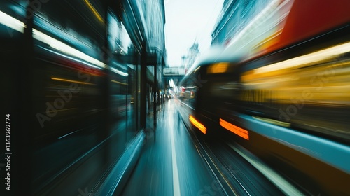 A city street with a blurred view of speeding vehicles