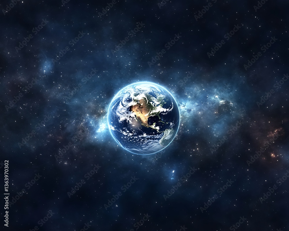 Fototapeta premium The earth floats surrounded by the expanse of deep space